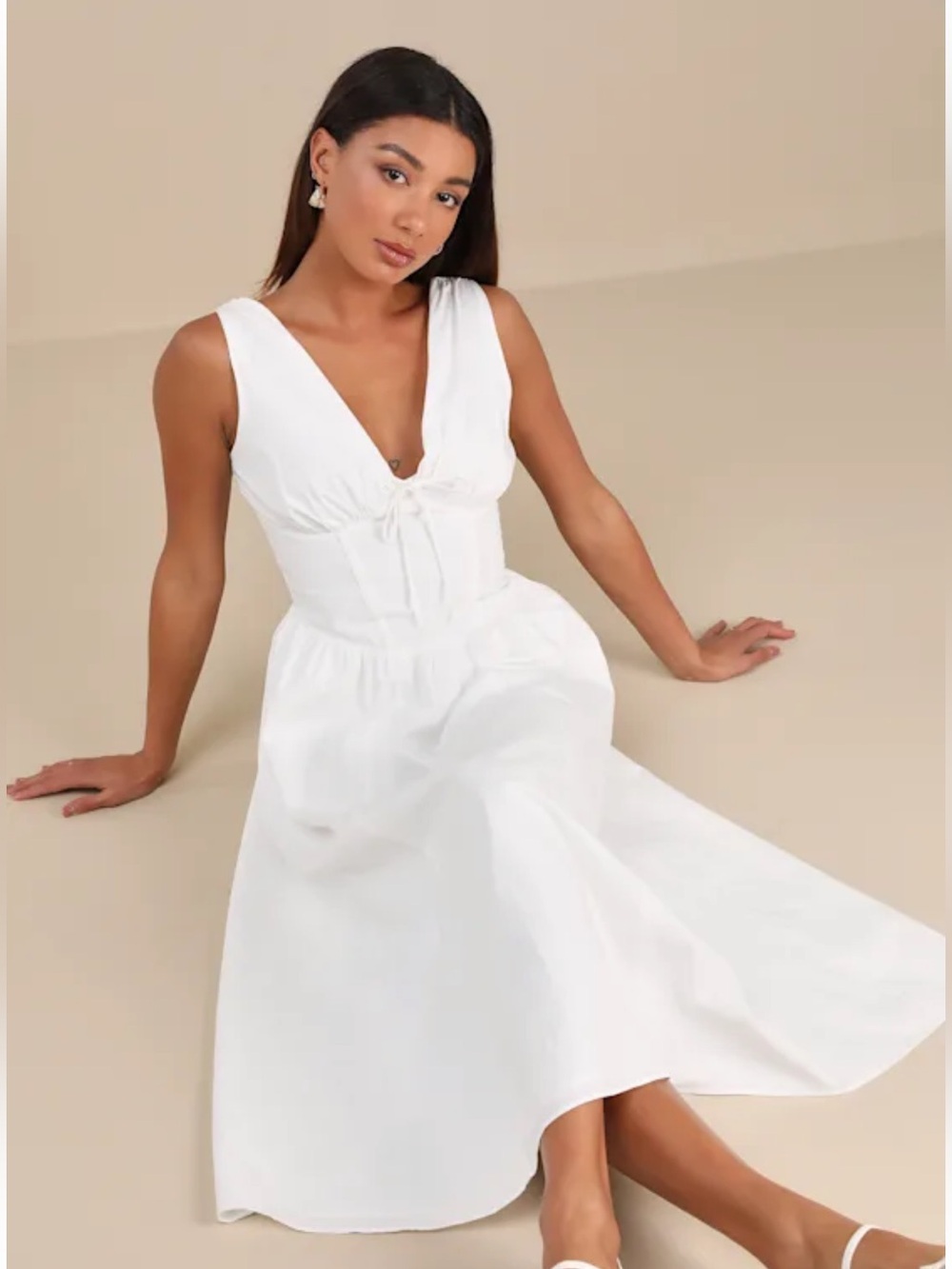 Lulus Lettie White Poplin Plunge Neck Midi Dress